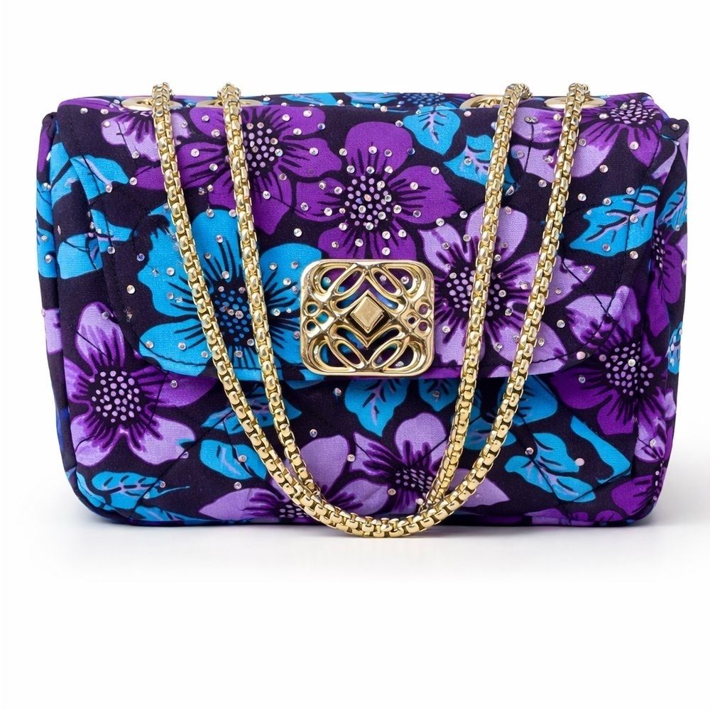 Floral Quilted Chain Shoulder Bag in Purple & Teal